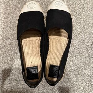 Tory Burch Black Canvas Espadrille Flats with White Caps